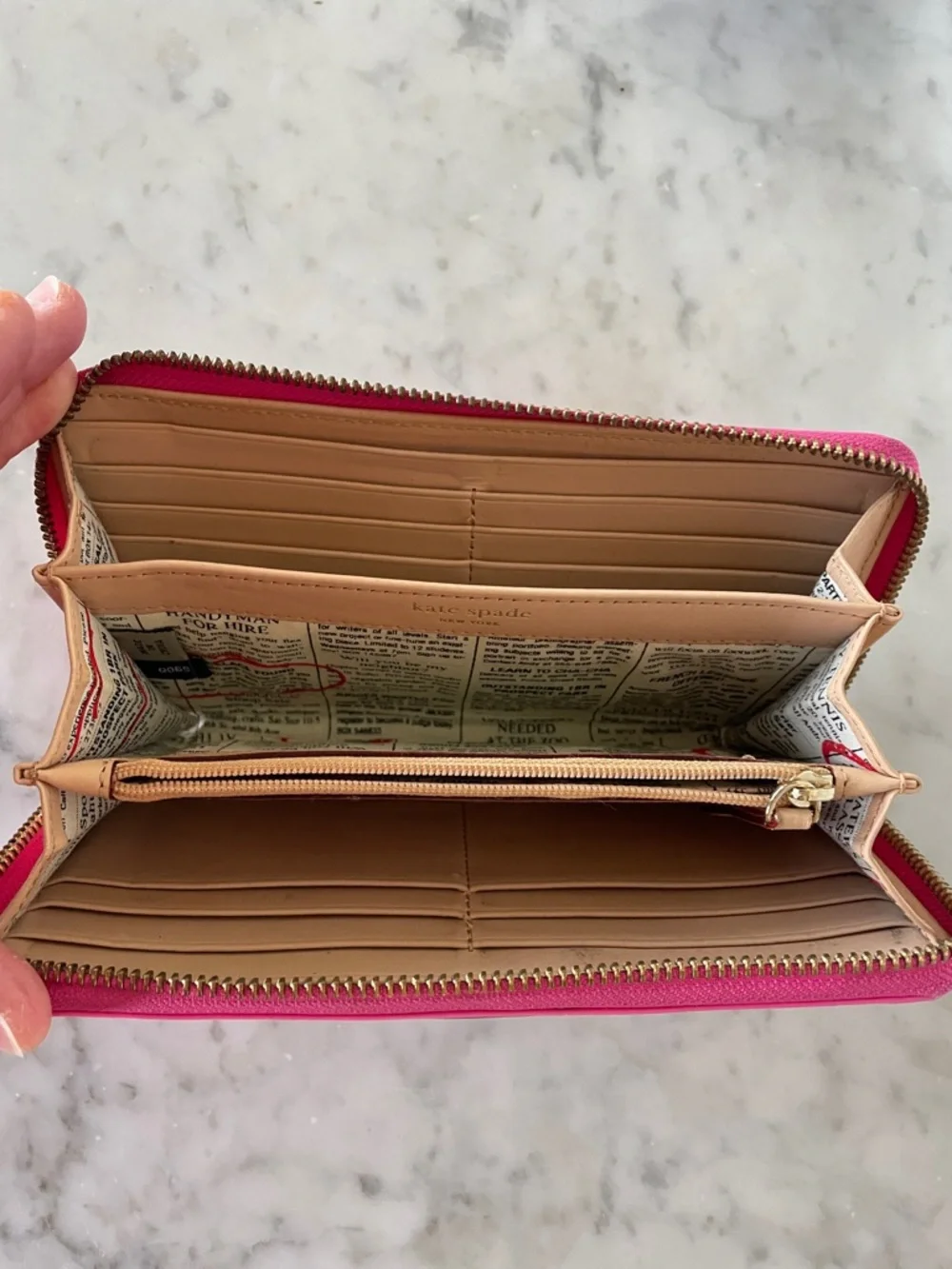 KATE SPADE Spencer Hot Pink Patent Zip-Around Wallet Newspaper Print Lining